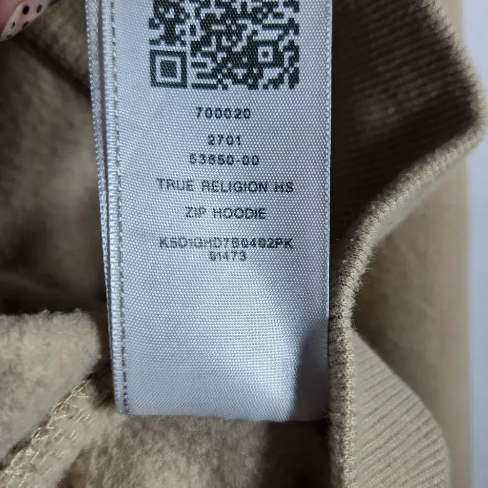 True Religion Brand Jeans Zip Hoodie Mens‎ Medium Beige Graphic Logo Sweatshirt
